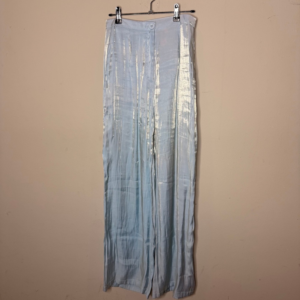 Nasty Gal Wide Leg Pants Womens Size 6 Light Blue Metallic Shimmer High Waist - Picture 3 of 10